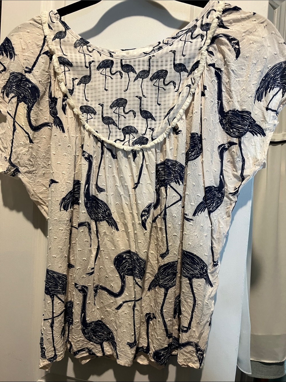 Chico's Cream Top with Navy Flamingo Print